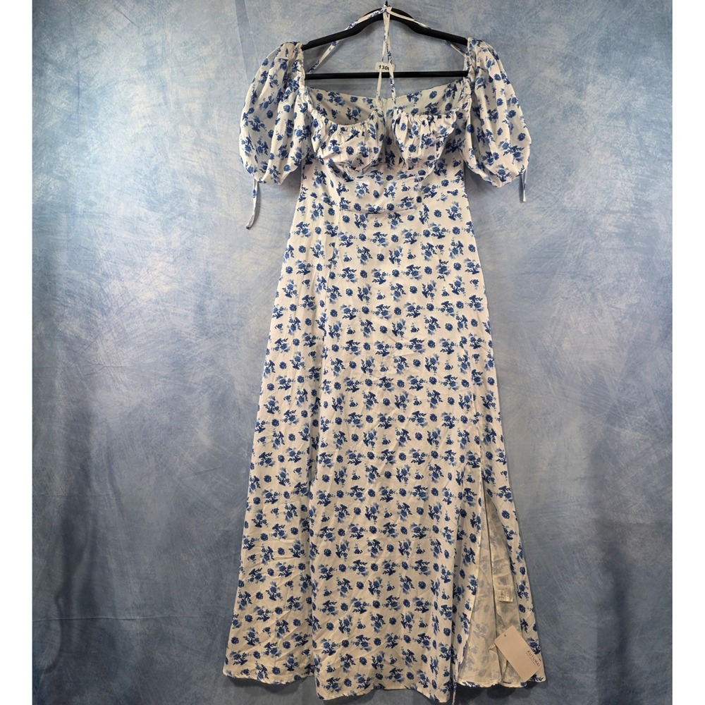 Kutumai Women‎ Blue Floral Puff Sleeve Maxi Dress Sweetheart Neck Side Slit S
